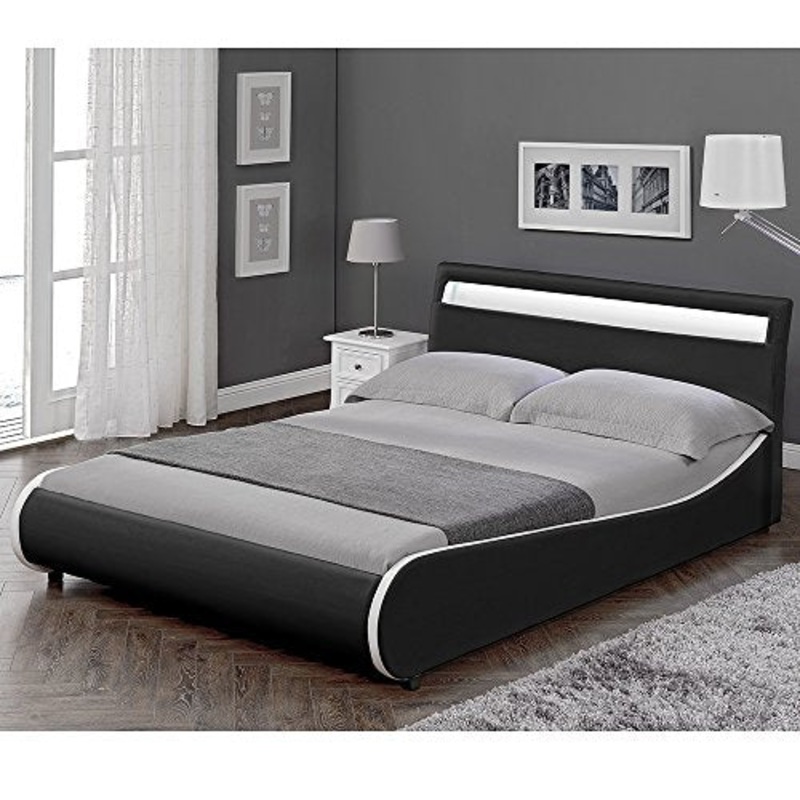 Corium Letto Imbottito Valencia con Illuminazione LED (Nero)(140x200cm) Letto Moderno/Similpelle/con Rete a doghe di Legno /