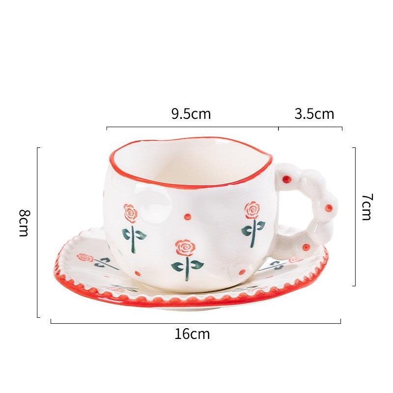 Hand-Painted Ceramic Coffee Mug and Saucer Set – Whimsical Afternoon Tea Cup with Spoon(Red rose)