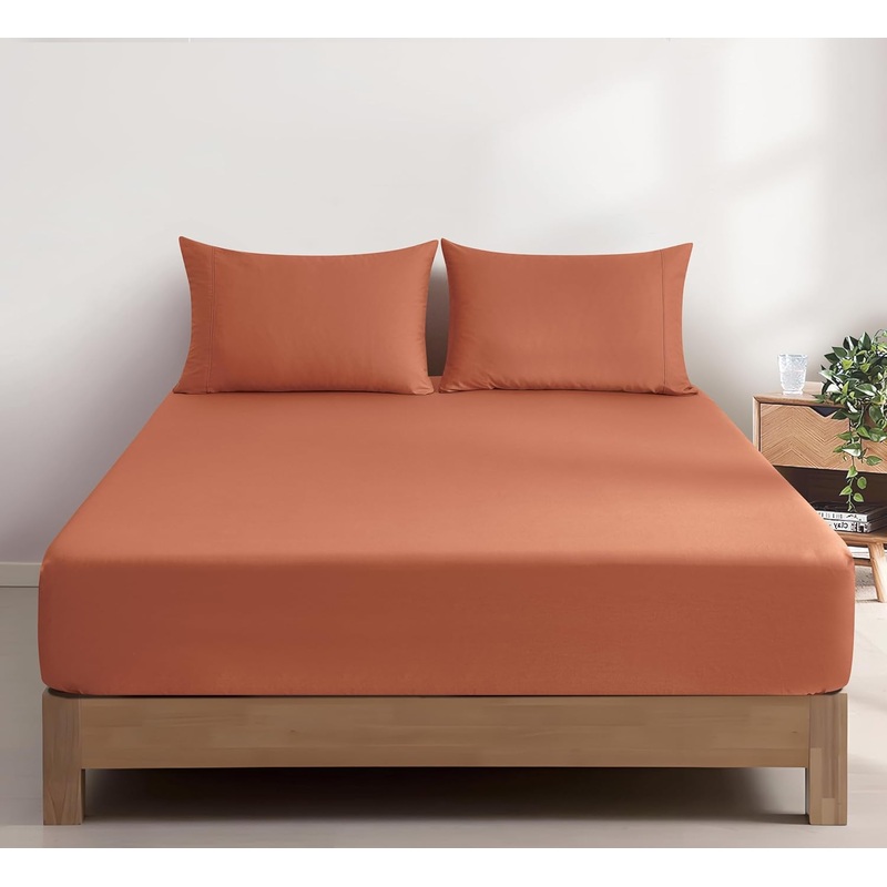 100% Vintage Washed Cotton Fitted Sheet Combo Set  100% Natural Cotton, Ultra Soft & Breathable  Includes Fitted Sheet & Pillowcases  Machine Washable (Brick, King Single)