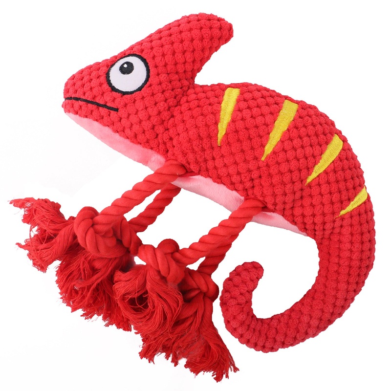 2 Pcs Red Interactive Plush Chameleon Dog Toy with Squeaker & Rope Legs – Durable Chew Toy for Medium/Large Dogs, Teeth Cleaning Texture, Machine Washable (10.2in)