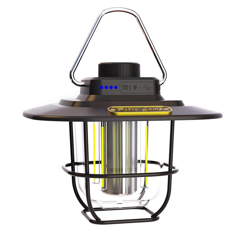 Black Vintage LED Camping Lantern – Rechargeable, Stepless Dimming, Power Bank