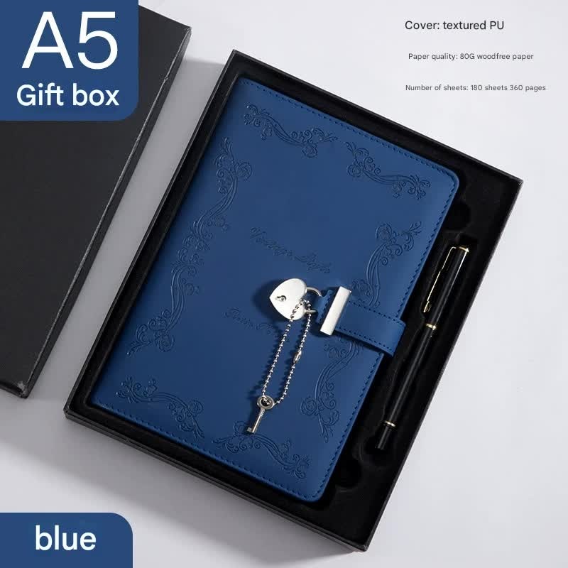 Heart Lock Diary with Key – Vintage Style Journal, Blue PU Leather, Secure and Elegant