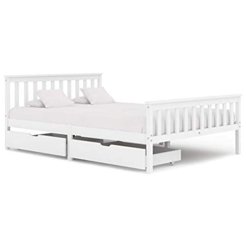 Lasamot Struttura Letto in Legno massello di Pino per Adulti, Bambini, Struttura Letto con 2 cassetti, Bianco, Dimensioni Materasso Adatte 140×200 cm (Senza Materasso)