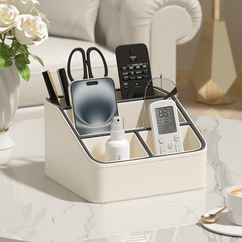 White and Black Stylish PU Leather Desktop Organizer Caddy – Multi-Compartment Holder for Remotes, Office Supplies, Makeup