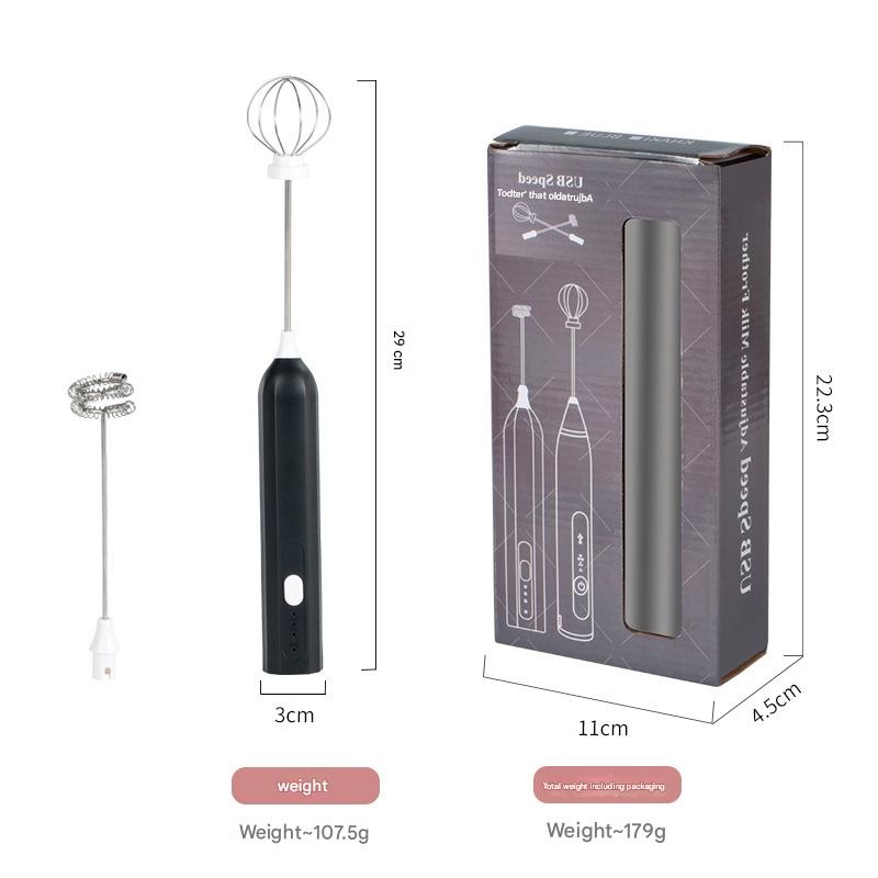 Black Mini Hand Mixer with Frother & Balloon Whisk Heads – Rechargeable Kitchen Tool