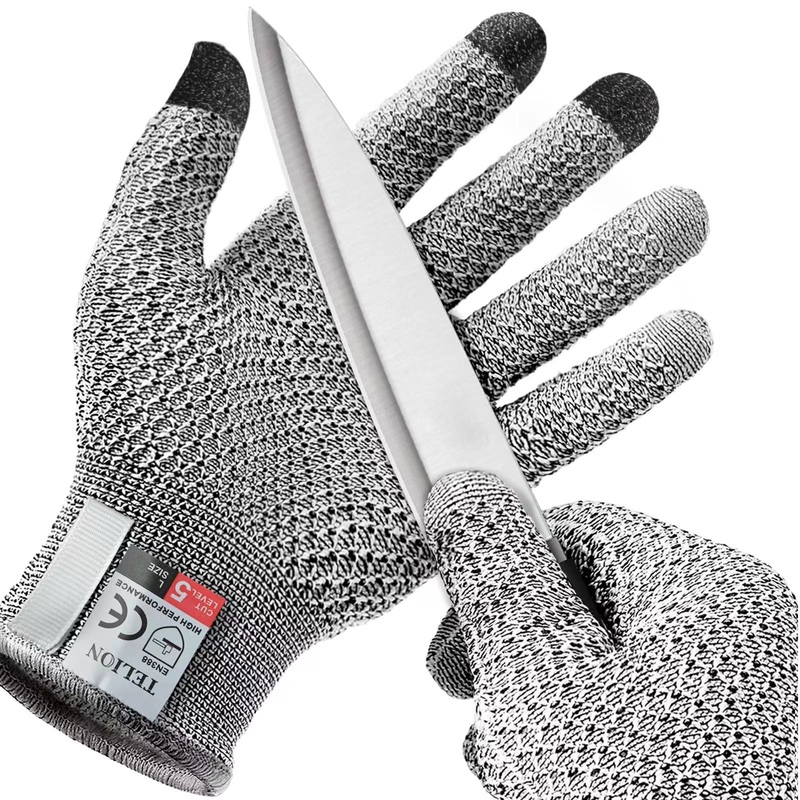 Grey 3-Pack Cut Resistant Gloves (Level 5 Protection) – Pineapple Grip, Touchscreen Compatible, Food Safe for Kitchen, Butcher & Fish Cleaning – One Size Fits Most