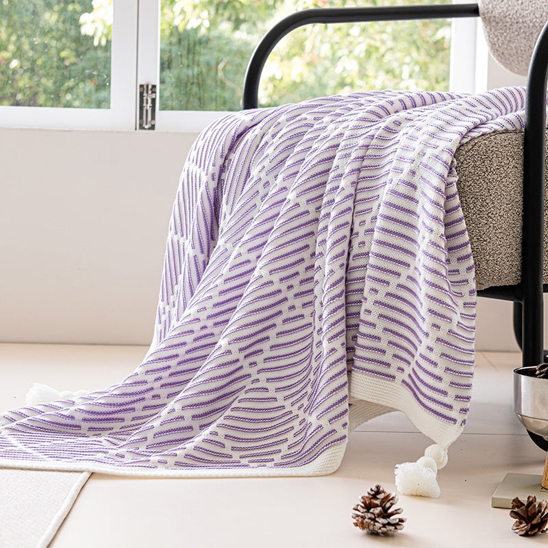 Purple and Beige Diamond Pattern Soft Cozy Knit Throw Blanket with Tassels – Geometric Pattern Lightweight Acrylic Blanket for Sofa Couch Bed, 130x150cm