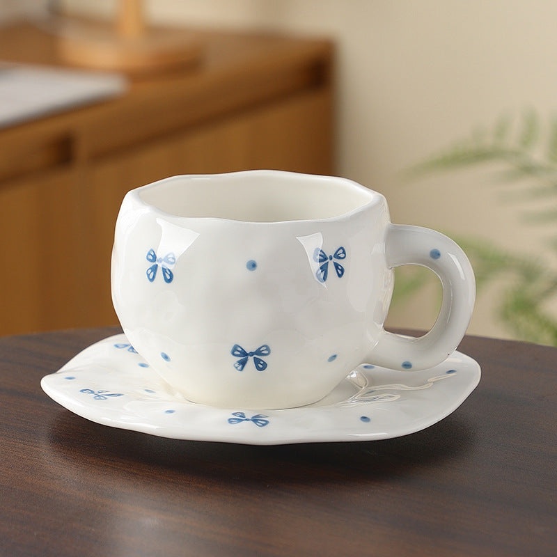 Hand-Painted Ceramic Coffee Cup and Saucer Set – Vintage Afternoon Tea(Blue bow)