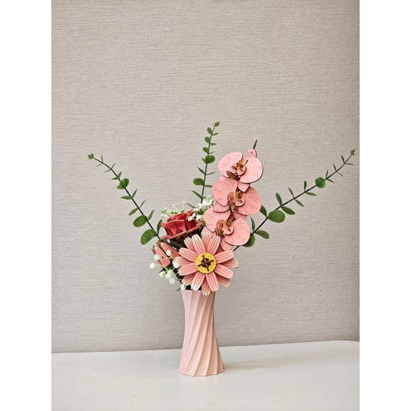 Pink DIY 3D Wooden Flower Bouquet Puzzle Set with Vase – Craft Kit for Kids and Adults