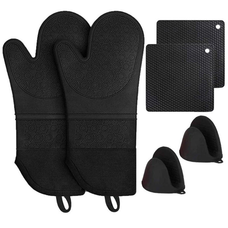 Black BPA-Free Non-Slip Silicone Oven Mitts – Heat Resistant Gloves with Honeycomb Pattern for Kitchen Safety