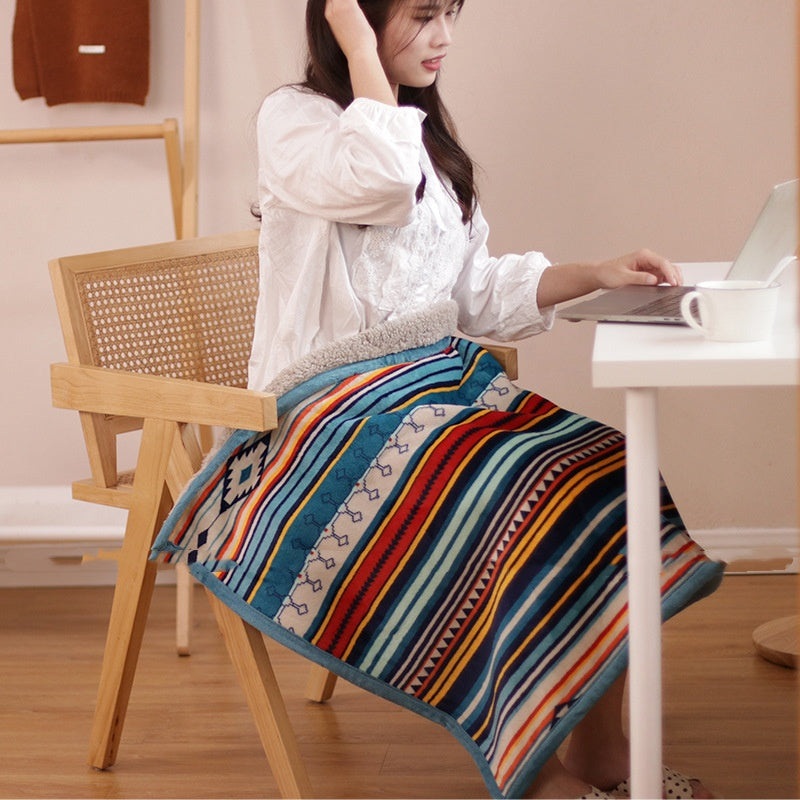 Double-Sided Geometric & Plush Throw Blanket – Warm 70x100cm Multi-Use Wrap(Color stripes/Back side light brown)