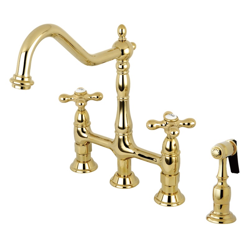 Kingston Brass KS1272AXBS Heritage Bridge Kitchen Faucet with Brass Sprayer, Polished Brass