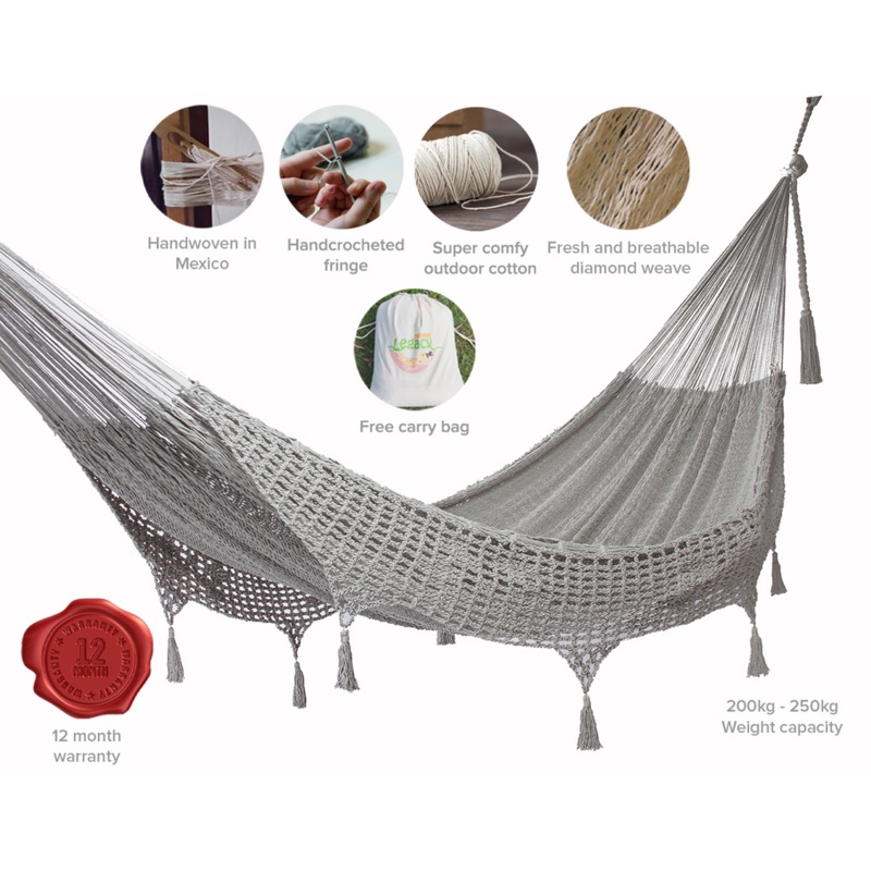 Outdoor undercover cotton Mayan Legacy hammock with hand crocheted tassels King Size Dream Sands