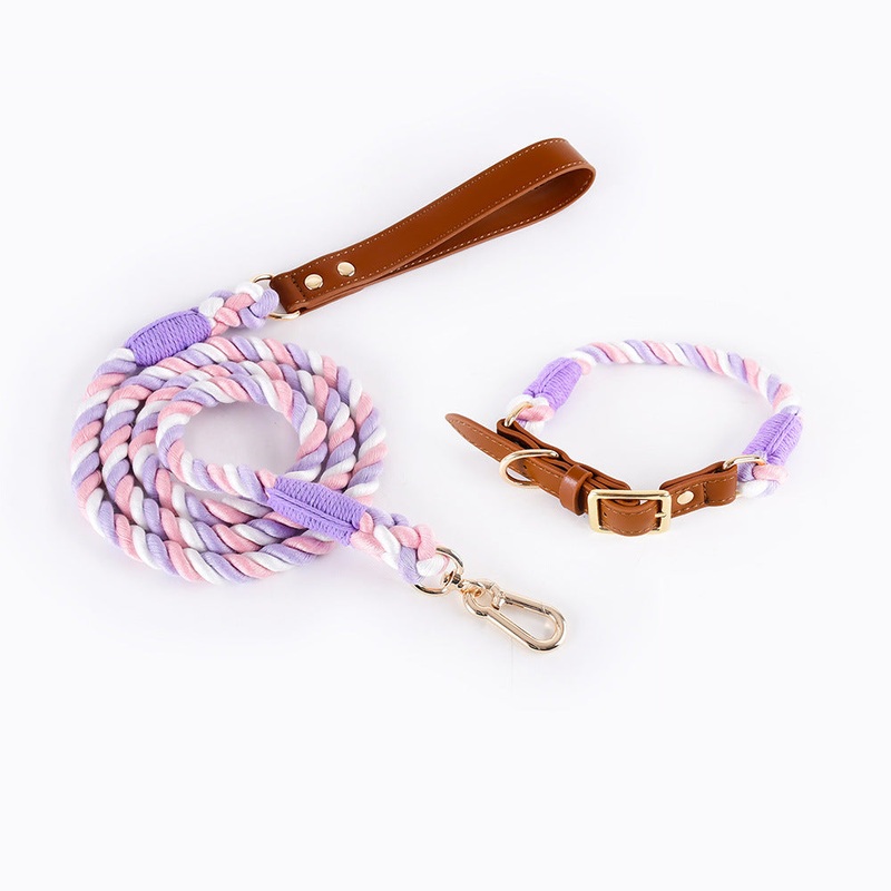 Premium Leather Pet Collar and Leash – Soft, Strong Braided Rope (Pink Purple – Size M)