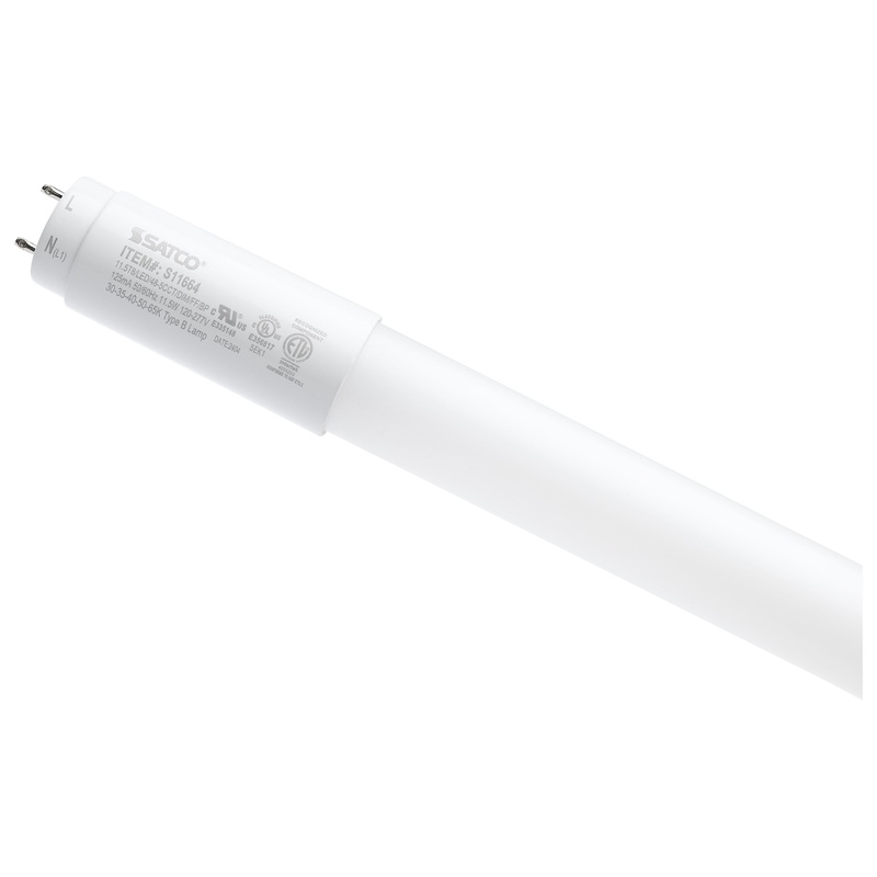 11.5 Watt T8 LED – 48 Inch – 30K/35K/40K/50K/65K CCT Selectable – Medium Bi Pin Base – Type B Ballast Bypass – 120-277 Volt – Frost Finish Light Bulb by Satco