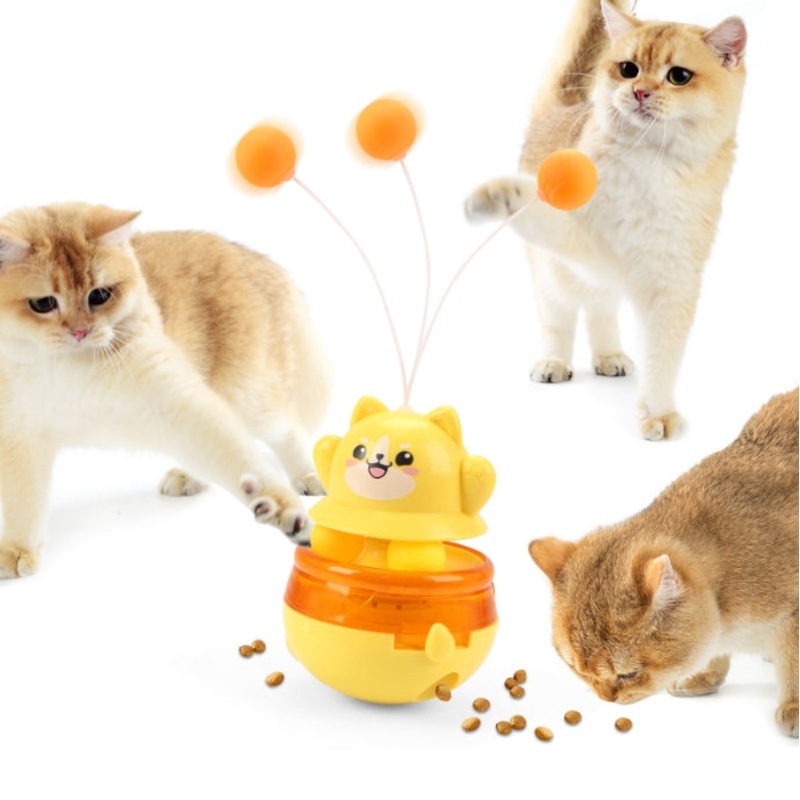 2-Piece Yellow Interactive Cat Tumbler Toy – 3-in-1 Treat Dispensing Puzzle Feeder with Ball Track & Teaser Wand
