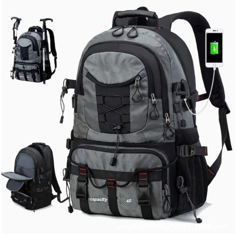 Grey 40L Large Capacity Travel Backpack – Water-Resistant Hiking Rucksack with USB Charging Port