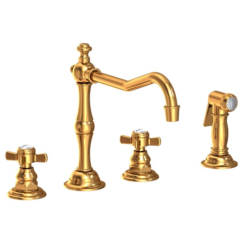 Kitchen Faucet Fairfield 8 to 20 Inch Spread 2 Cross ADA Aged Brass Pull Out Sidespray Spout Height 5-5/9 Inch Spout Reach 9-1/2 Inch 1.8 Gallons per Minute