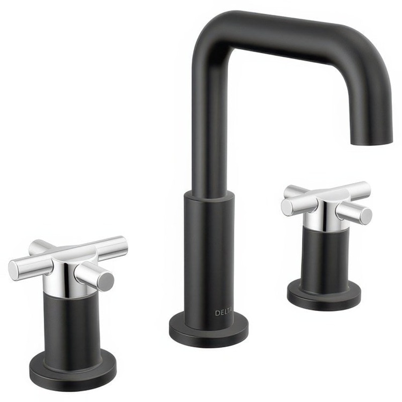 Lavatory Faucet Nicoli Widespread 6 to 16 Inch Spread 2 Cross ADA WaterSense Matte Black/Chrome 1.2 Gallons per Minute Deck Mount Pop-Up 3 Hole