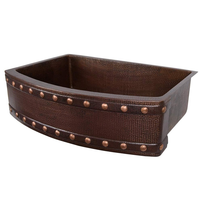 Premier Copper Products KASRDB33249BS 33-Inch Hammered Copper Kitchen Rounded Apron Single Basin Sink with Barrel Strap Design