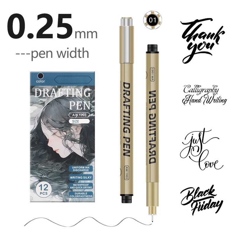 0.25mm 24-Piece Precision Drawing Pen Set – Waterproof Anime Sketching Pens for Students, Assorted Tips