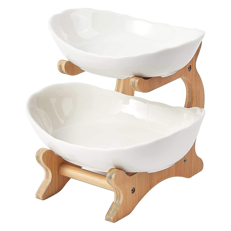 2 Tier Porcelain Fruit Bowl – Ceramic Vegetable Storage With Bamboo Stand