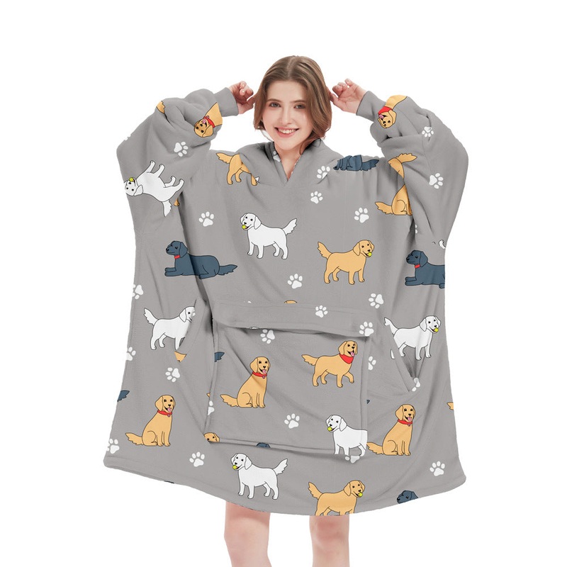 Grey Dog Pattern Oversized Wearable Blanket Hoodie – Ultra Soft & Cozy Snuggle Pullover for Adults