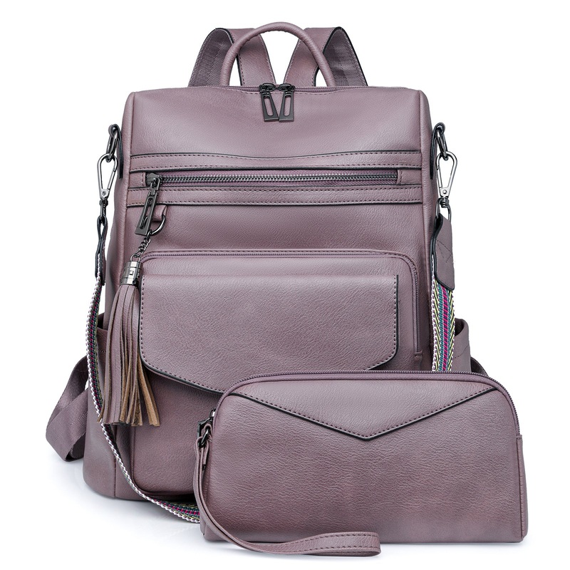 Light Purple Women’s Retro PU Leather Backpack – Dual-Color Tassel Design, Winter High-End Style