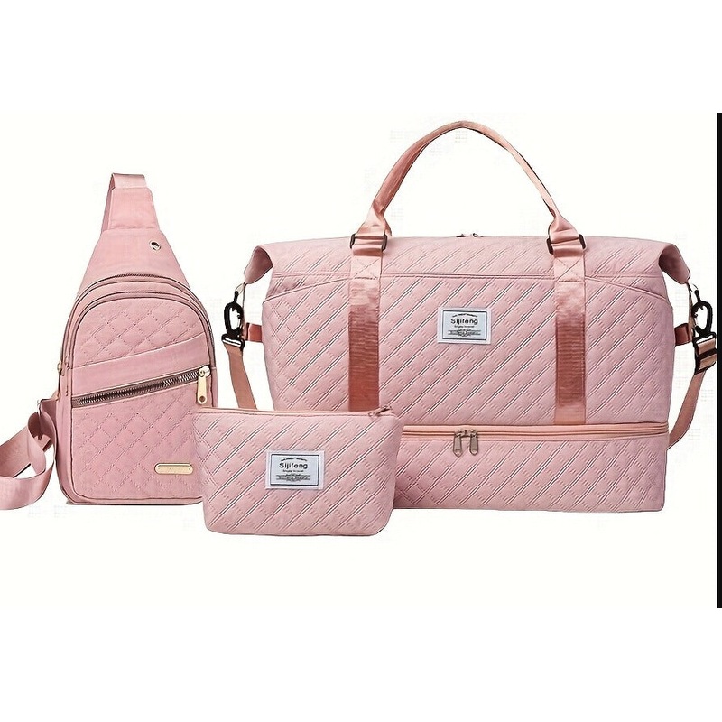 Pink Chic 3-Piece Quilted Travel Bag Set – Duffel, Crossbody Sling & Toiletry Pouch – Large Capacity & Lightweight