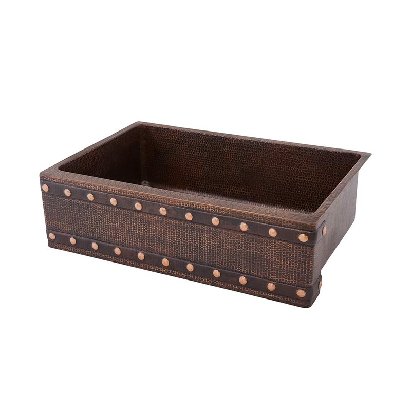 Premier Copper Products 30-inch Hammered Copper Apron Front Single Basin Kitchen Sink w/Barrel Strap Design