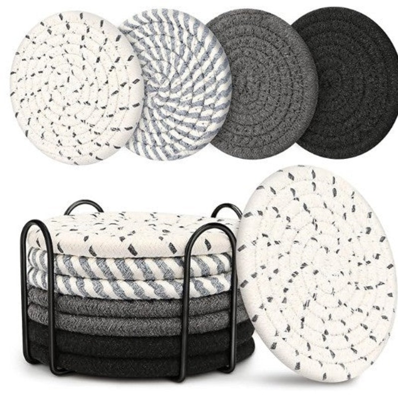 Beige and Black Absorbent Woven Cotton Coasters – Set of 8 with Metal Holder – Heat Resistant Drink Mats for Table Protection