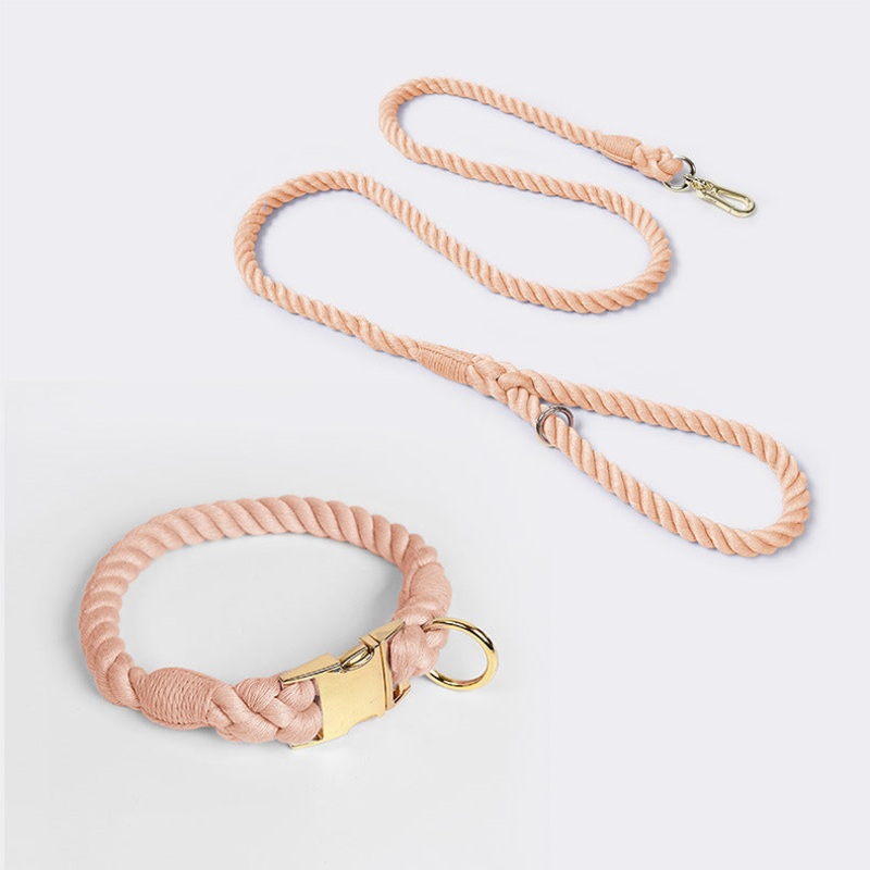 Handmade Rope Dog Collar and Leash Set – Colorful Woven Cotton Cotton (Leather pink – Size M)