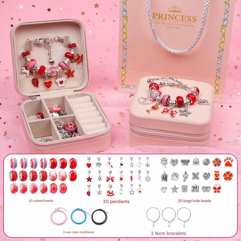 Red Kids DIY Beaded Bracelet Set – Creative Jewelry Making Kit with Princess Gift Box and Display Stand