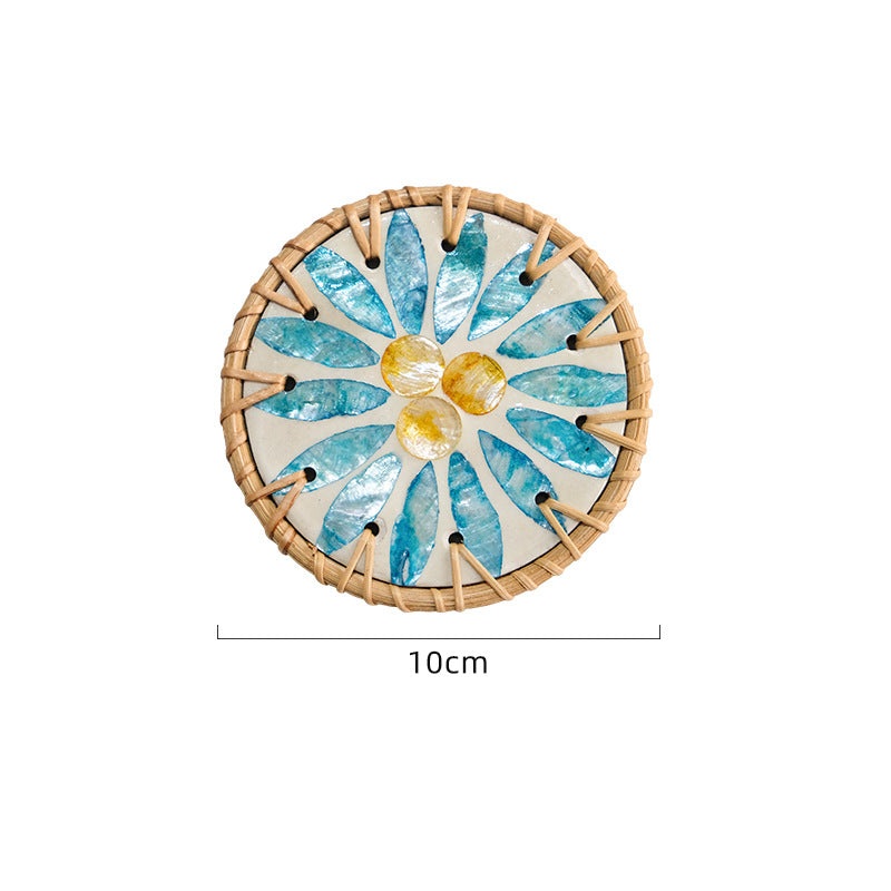 4 Pcs Beige Background With Blue flower Handcrafted Rattan Coaster with Natural Shell Inlay – Decorative & Heat Insulating Drink Mat