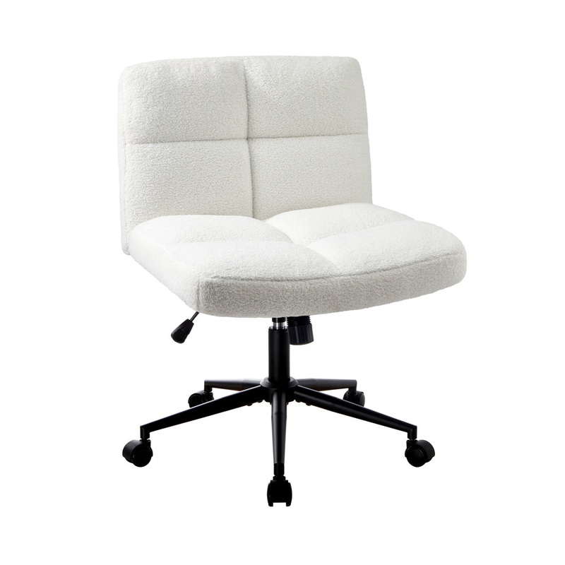 Armless Office Chair Wide Seat with Wheels Boucle White