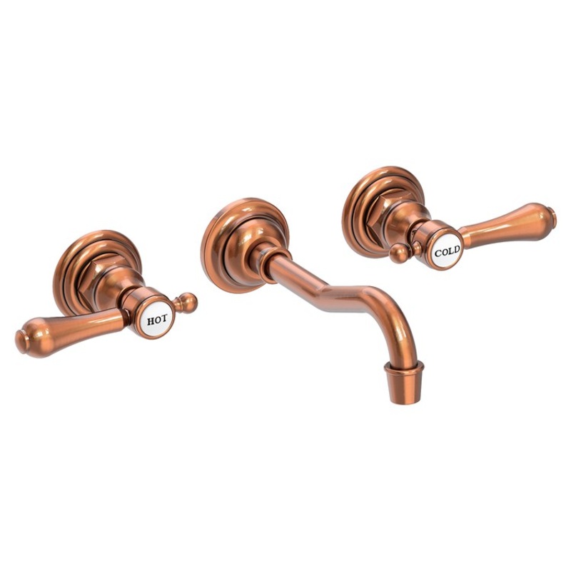 Lavatory Faucet Chesterfield Wall Mount Hot Cold Indicators 8 Inch Spread 2 Lever ADA WaterSense Antique Copper 1.2 Gallons Per Minute Brass Less Drain Spout Reach 7-1/4 Inch