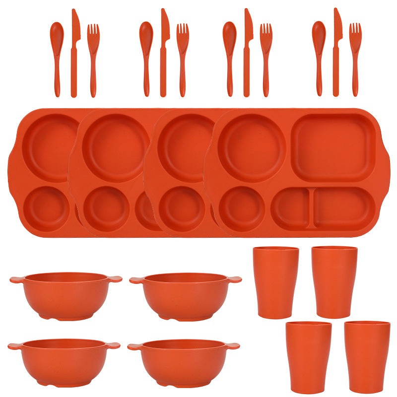 Orange Durable Eco-Friendly Wheat Straw Dinnerware Set – 24 Pieces with Plates, Bowls, Cups & Cutlery