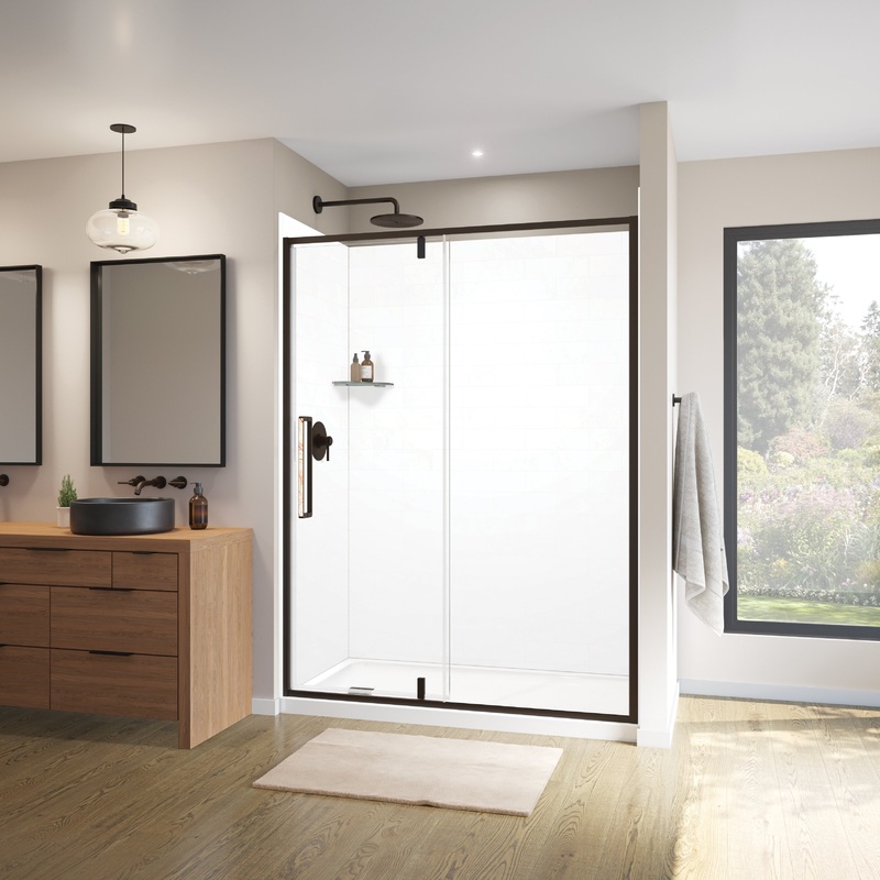 MAAX 135326-900-283-000 Uptown 57-59 x 76 in. 8 mm Pivot Shower Door for Alcove Installation with Clear glass in Dark Bronze & Beige Marble