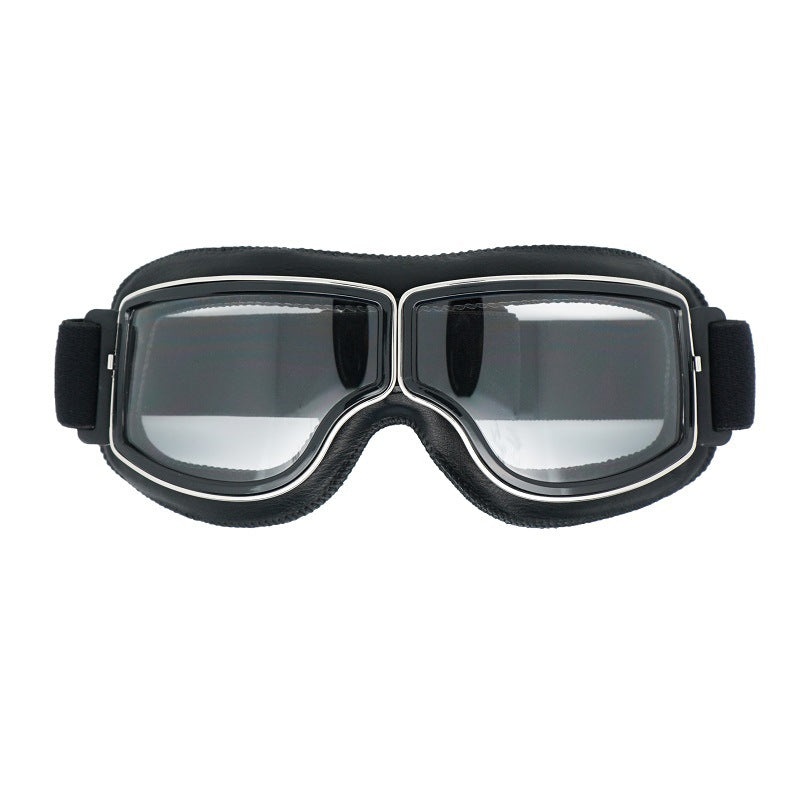 Retro Motorcycle Goggles – Windproof, UV400 Protection, Anti-Impact PC Lenses with Leather Frame(Black leather clear lens)
