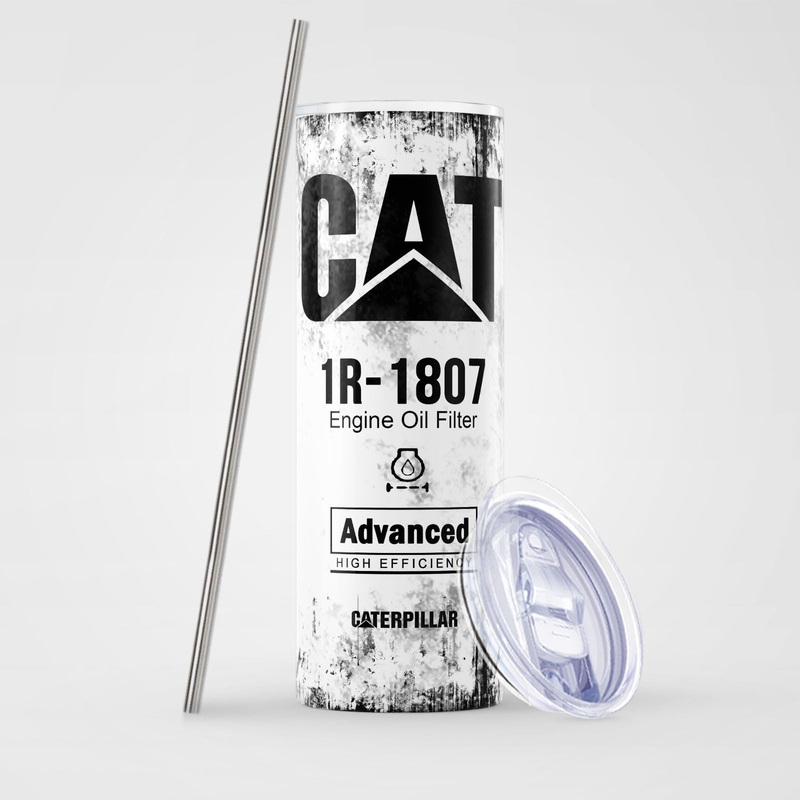 White Skinny Tumbler (591ml) – Fun CAT Oil Filter Replica for Construction Fans