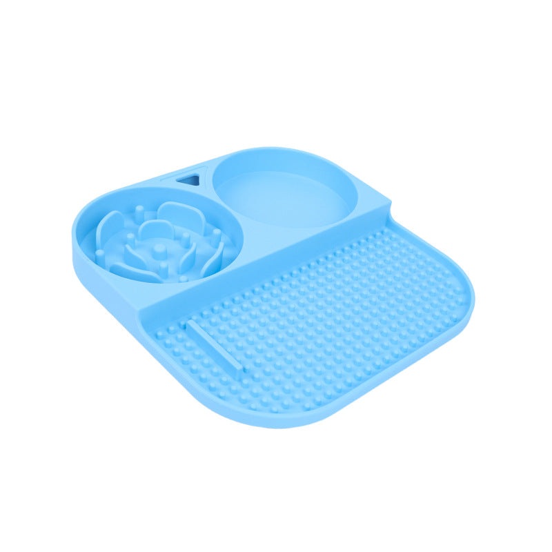 2 Pcs Blue 3-in-1 Silicone Pet Slow Feeder & Lick Mat with Water Bowl – Non-Slip Design for Dogs & Cats