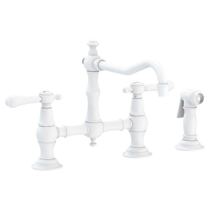 Kitchen Faucet Chesterfield Bridge 8 Inch Spread 2 Lever ADA Matte White Pull Out Sidespray Spout Height 6-3/8 Inch Spout Reach 9-1/2 Inch 1.8 Gallons per Minute