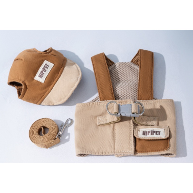 L Brown Pet Sun Hat with Adjustable Strap + Leash & Harness 3-Piece Set – Breathable Summer Cap for Dogs & Cats with Ear Holes