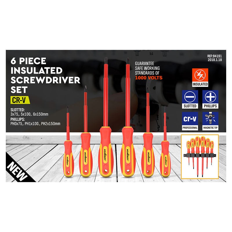 6-Piece Insulated Screwdriver Set – 1000V Rated, CR-V Steel with Magnetic Tips & Wall Rack