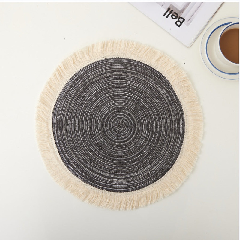 Grey Chic Round Woven Placemats with Tassel Fringe – Set of 4, Cotton Ramie Blend, Heat Resistant Table Mats