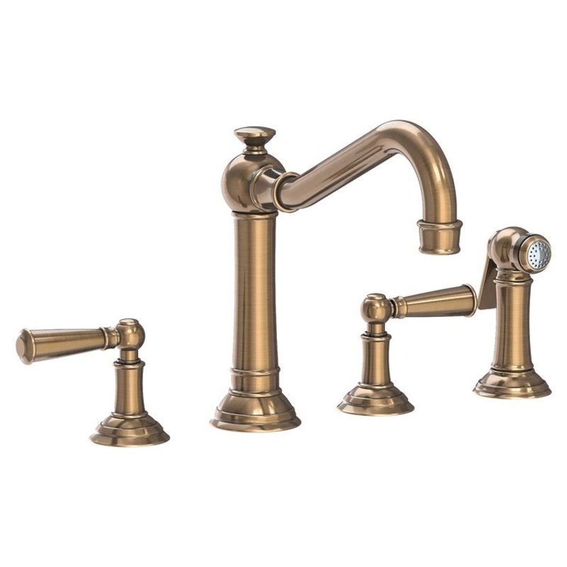 Kitchen Faucet Jacobean Widespread 8 Inch Spread 2 Lever ADA Antique Brass Sidespray Spout Height 6 Inch 1.8 Gallons per Minute