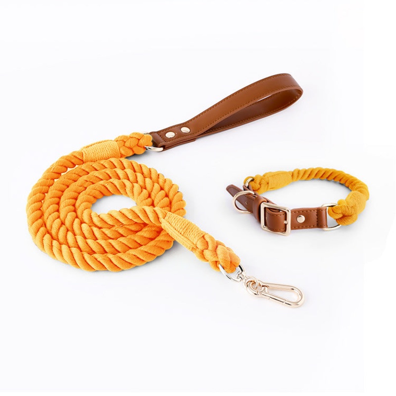 Premium Leather Pet Collar and Leash – Soft, Strong Braided Rope (Honey orange – Size M)