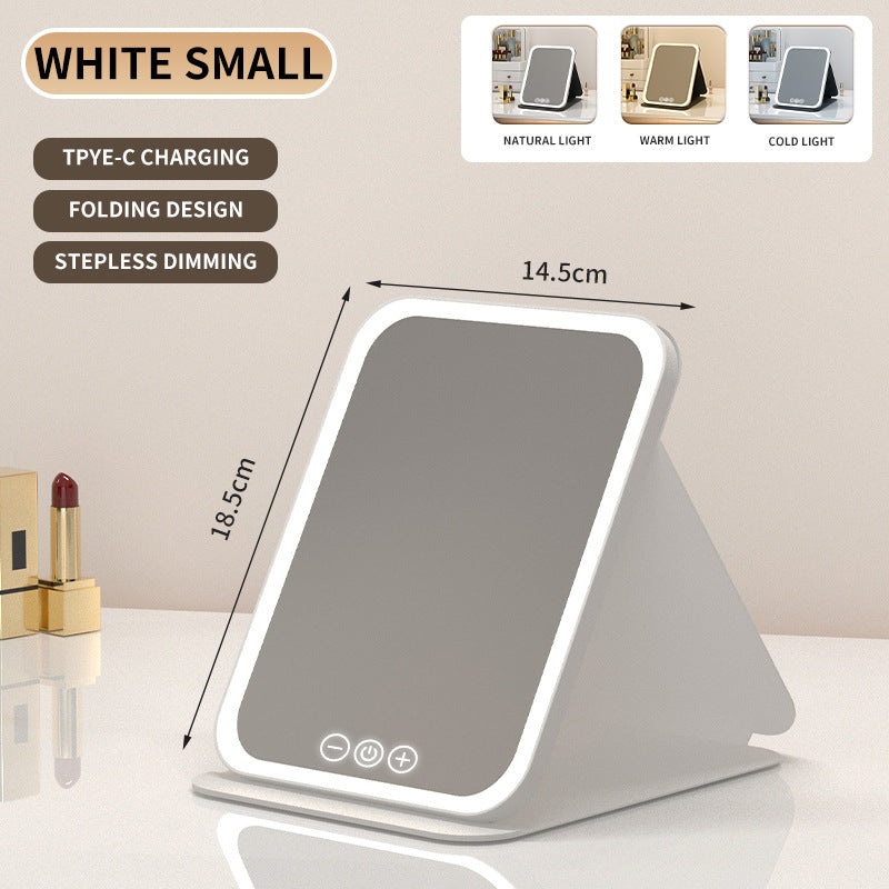 White Small Foldable LED Makeup Mirror – Portable Desktop Vanity with 3 Color Lights, Stepless Dimming & Adjustable Stand