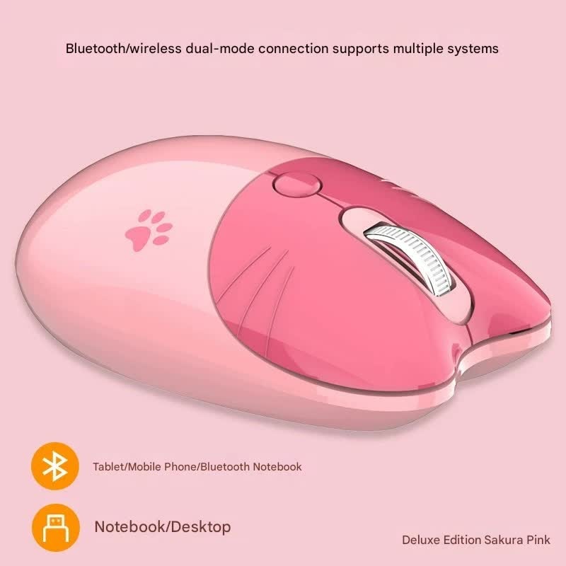 Cute Cat Shaped Wireless Office Mouse – Dual Mode 2.4G/Bluetooth, 3-Level DPI, Silent Click(pink)