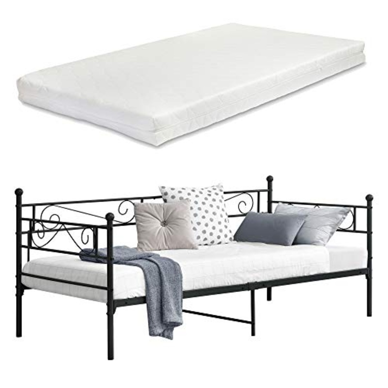 [en.casa] Divano a 2-3 Posti di Seduta Letto Singolo in Metallo con Materasso a Schiuma Fredda 90 x 200 cm Sofa in Acciaio con Elementi Decorativi – Nero